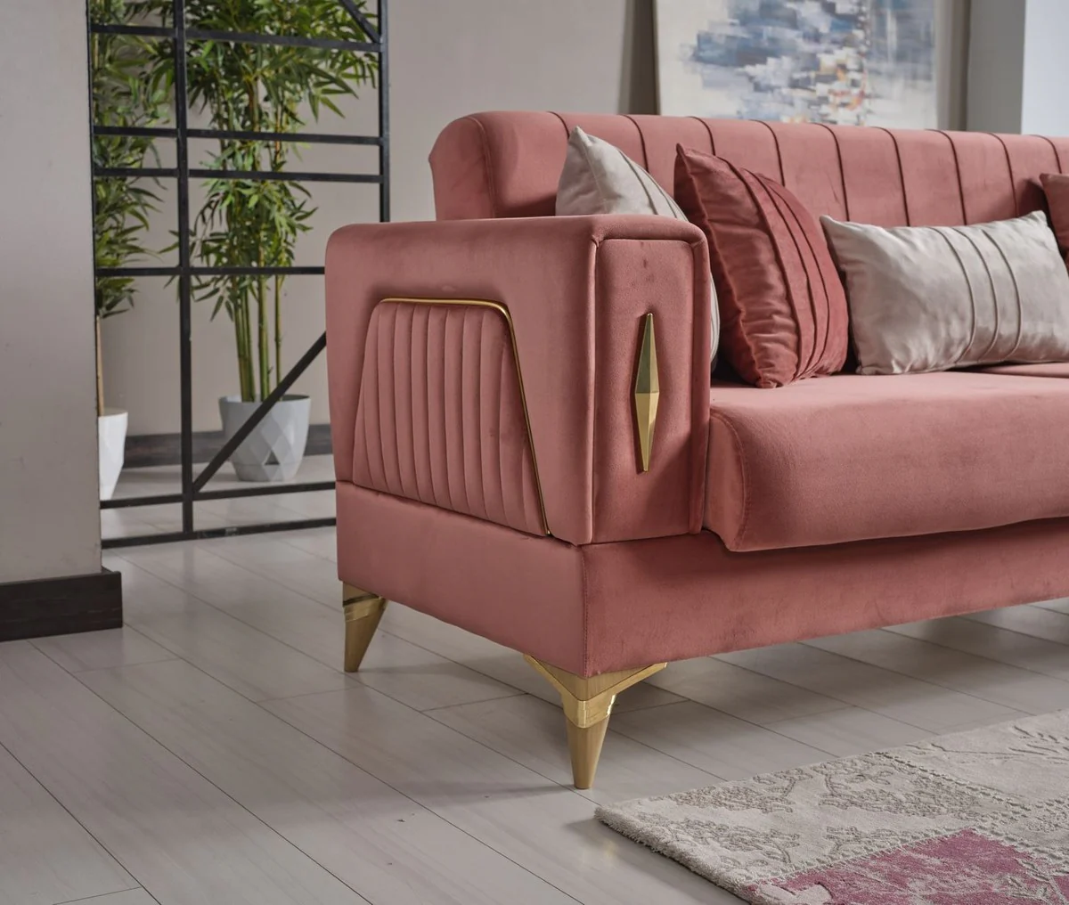 Luxury sofa bed pink / gold 222 x 93 x H. 87 cm - Living room sofa with 5 cushions - Luxury living room furniture