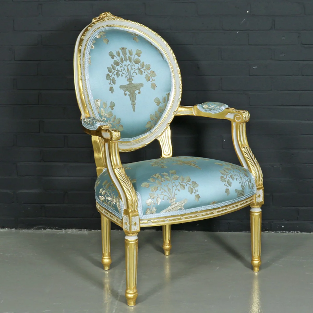 Baroque salon chair medallion Mod2 with armrests light turquoise / gold - antique style chair