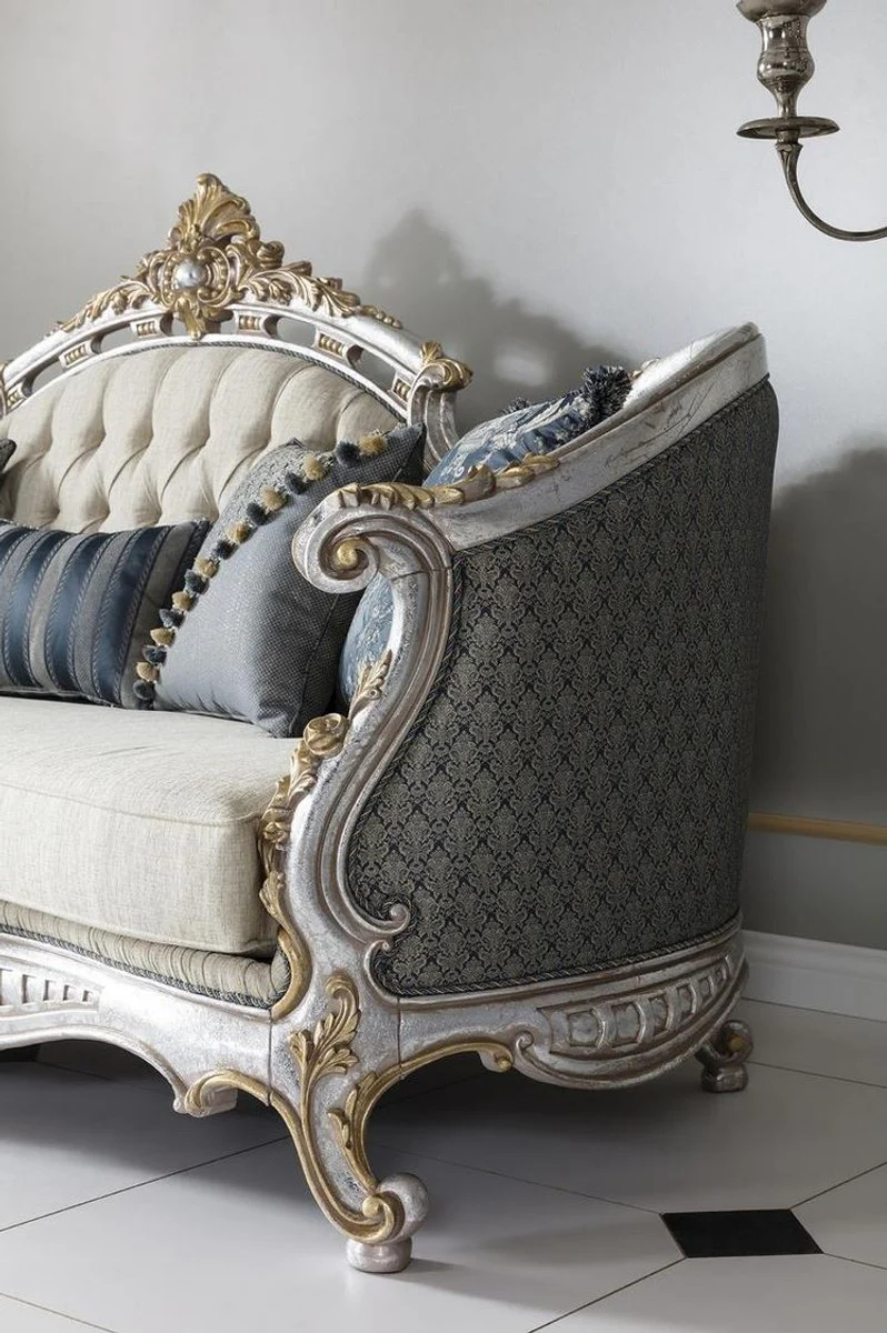 Luxury baroque living room sofa with decorative cushions cream / blue / silver / gold 250 x 95 x H. 125 cm - noble & magnificent