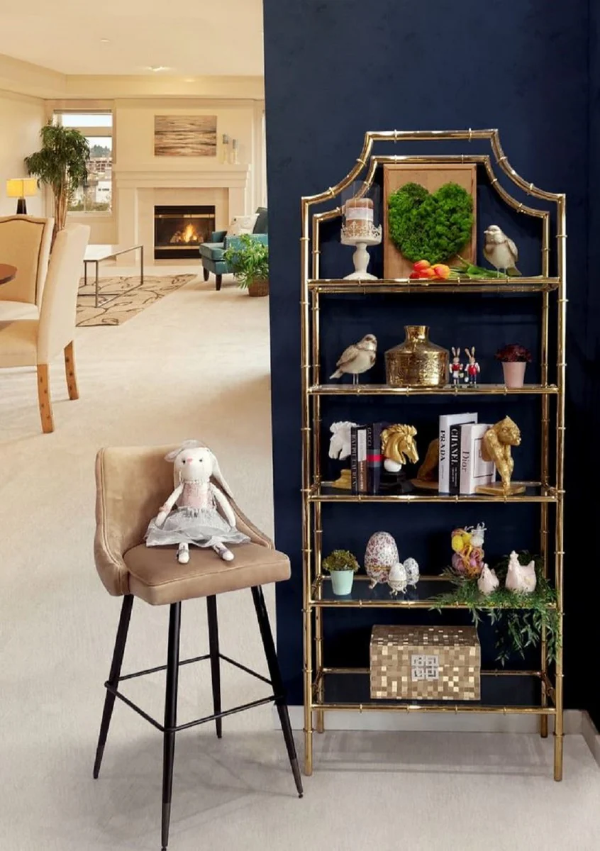 Luxury shelf cabinet gold 78 x 33 x H. 197 cm - stainless steel cabinet with 5 glass shelves - luxury living room furniture