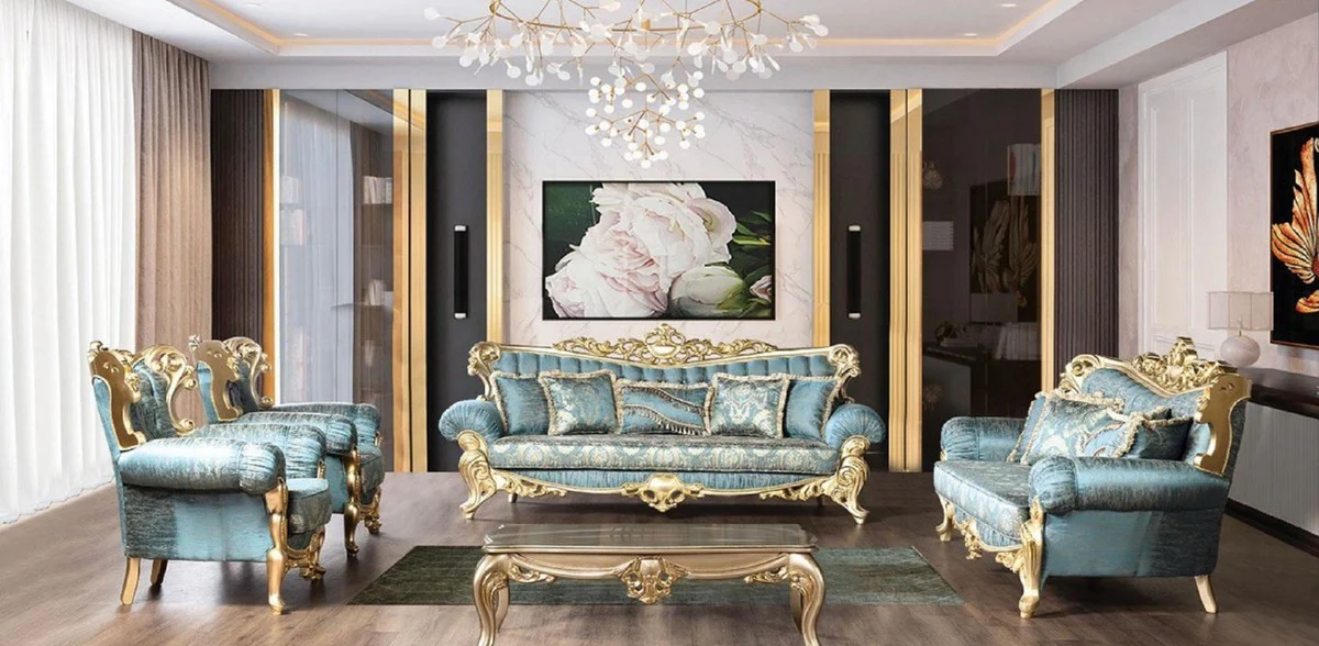 Luxury baroque living room sofa turquoise / gold 233 cm