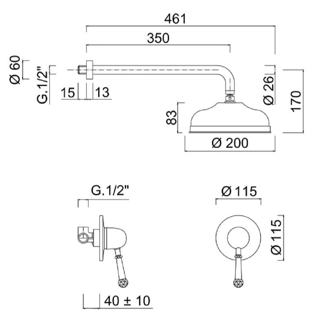 Luxury shower fittings set with Swarovski crystal glass silver - shower set - single lever mixer with overhead shower - bathroom shower set