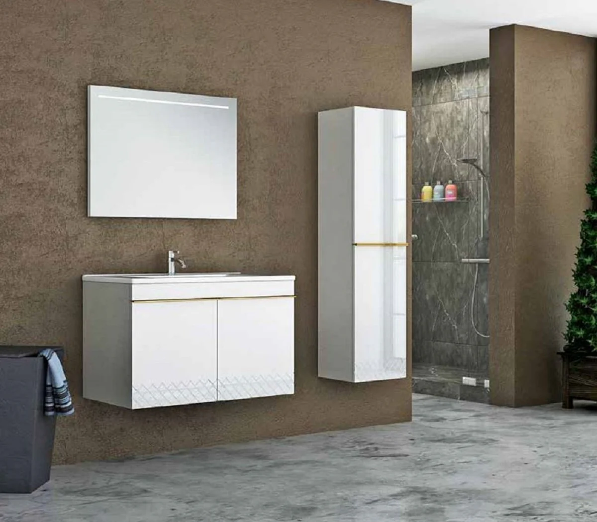 Luxury bathroom set white / gold - 1 vanity unit and 1 sink and 1 LED wall mirror and 1 wall cabinet - Luxury collection