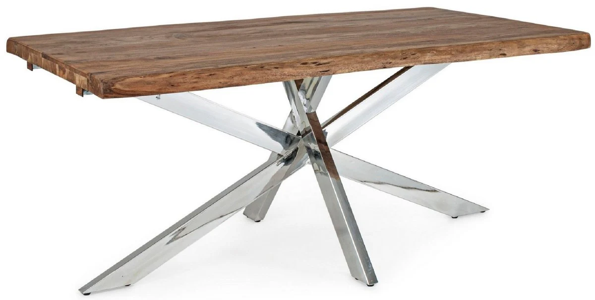 Luxury dining table brown / silver 180-260 x 90 x H. 77 cm - Extendable kitchen table with solid wood table top and stainless steel legs - Dining room furniture - Kitchen furniture - Luxury furniture