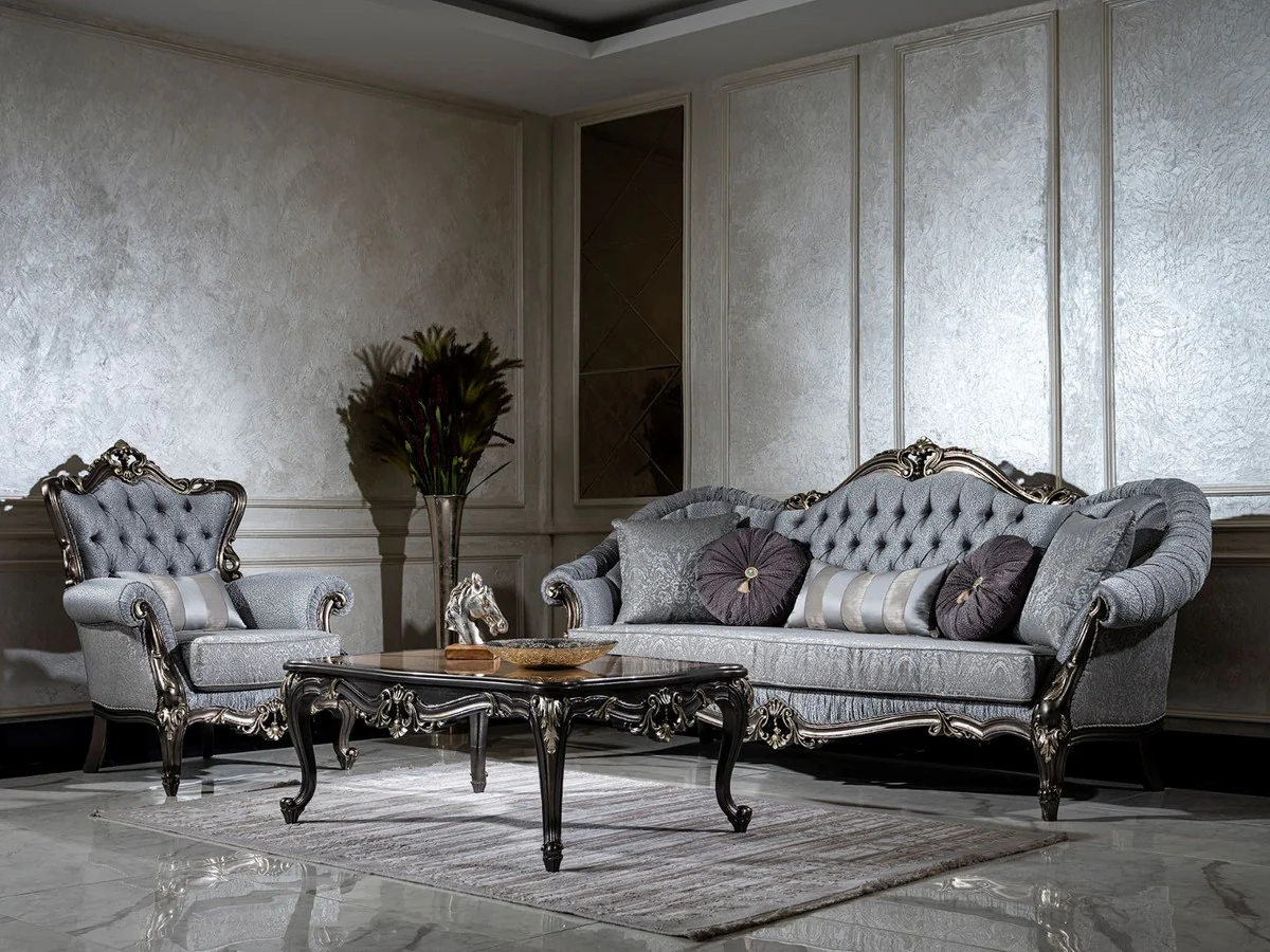 Luxury baroque sofa light blue / gray / dark gray / gold - magnificent living room sofa with decorative pillows - living room furniture in baroque style