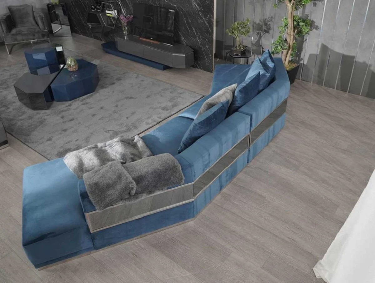 Luxury sofa blue / silver 480 x 100 x H. 70 cm - Curved living room sofa - Hotel sofa - Living room furniture - Hotel furniture - Luxury furniture - Luxury furnishings