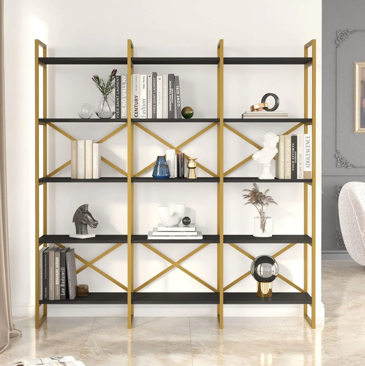 Luxury shelf cabinet with solid wood shelves gold / black 170 x 30 x H. 175 cm - bookcase - living room cabinet - office cabinet - living room furniture - office furniture - luxury furniture