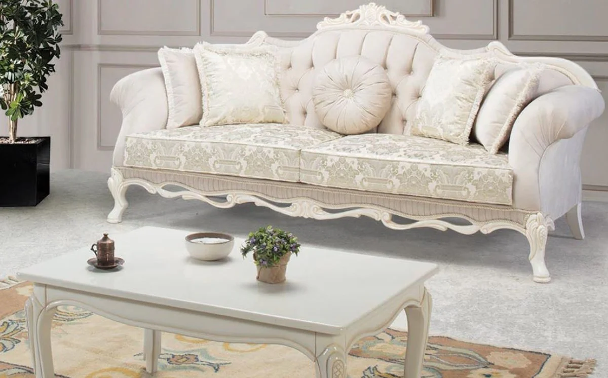 Luxury baroque solid wood coffee table white / beige 125 x 50 x H. 55 cm - living room table in baroque style