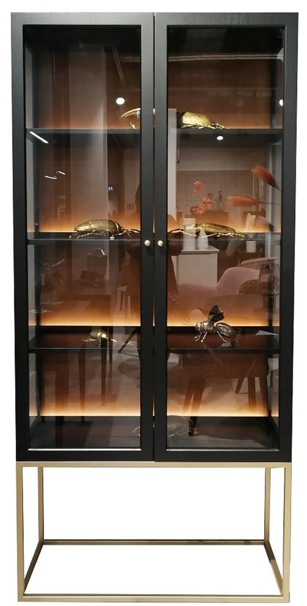 Luxury display cabinet with LED lighting matt black / brass / matt cognac 90 x 40 x H. 200 cm - illuminated solid wood display cabinet with 2 glass doors - living room furniture - luxury furniture