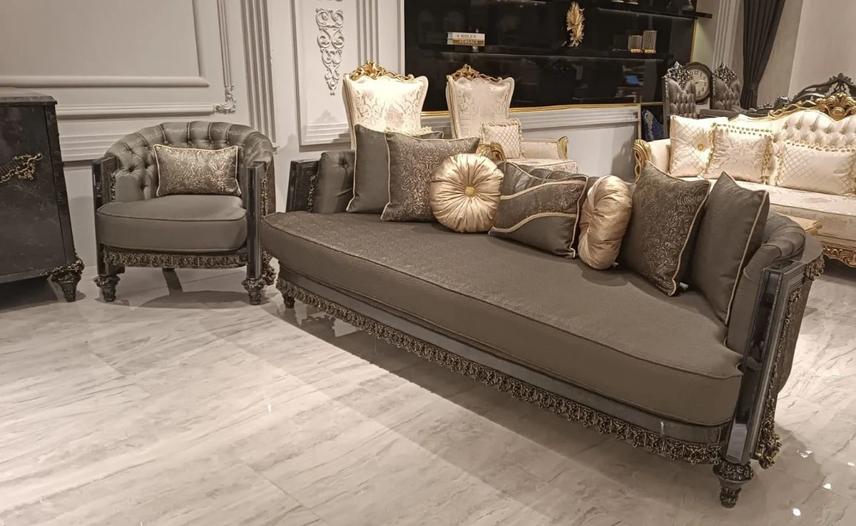 Luxury Baroque Living Room Sofa Gray / Gold - Handmade Baroque Style Sofa - Luxury Living Room Furniture in Baroque Style - Magnificent Baroque Furniture