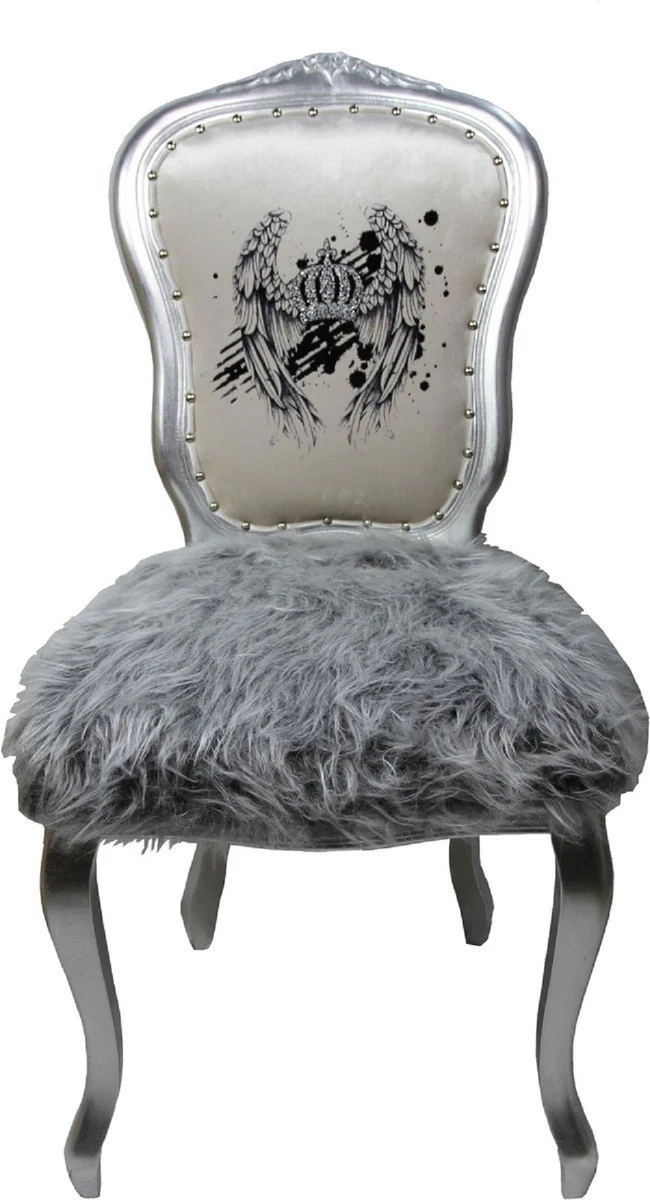 Pompöös by Luxury Baroque Dining Room Chairs Crown White / Gray / Silver - Pompöös Baroque Chairs designed by Harald Glööckler - 6 dining room chairs with faux fur