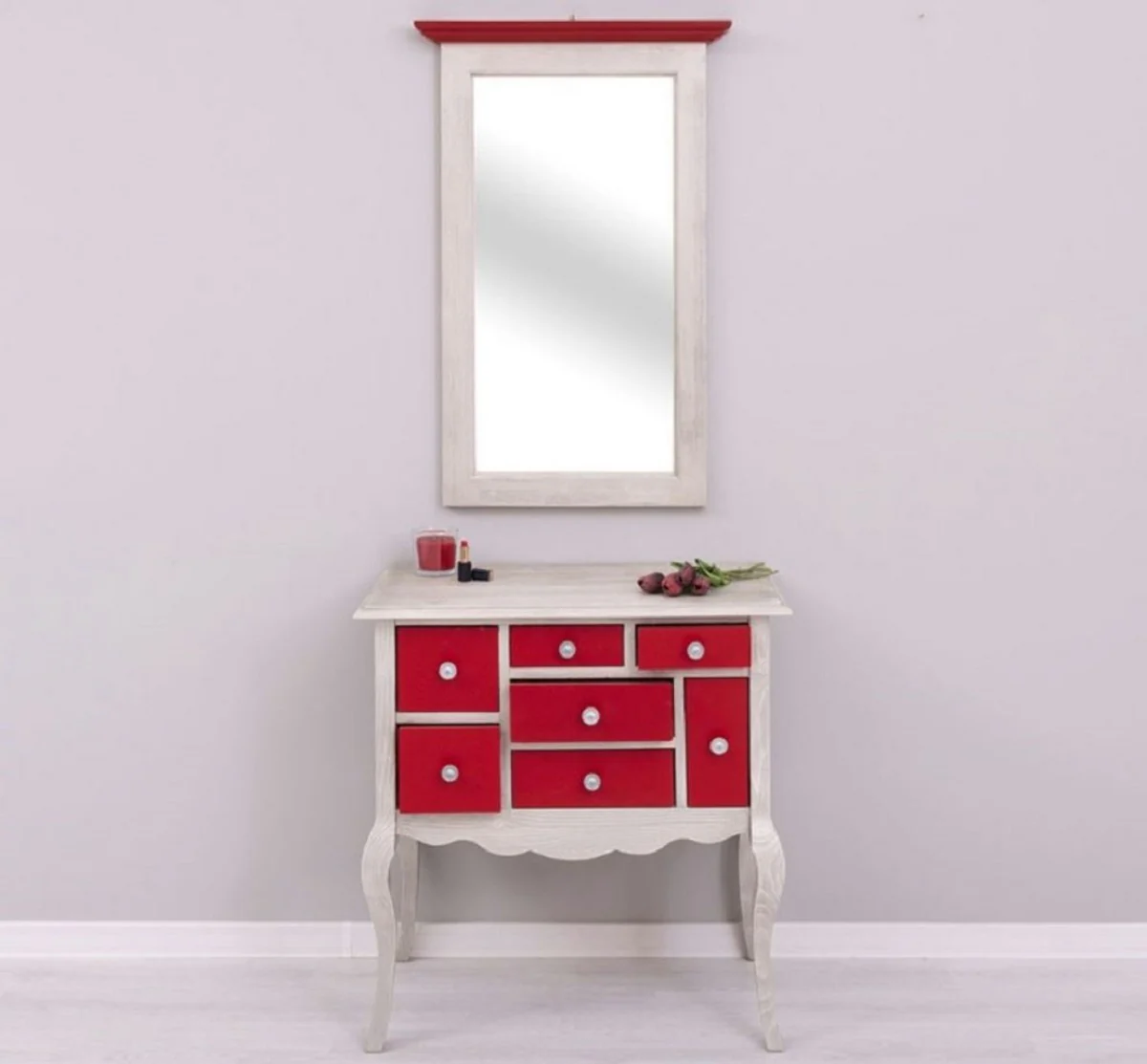 Country house style chest of drawers with mirror light gray / red - solid wood cabinet with wall mirror - country house style wardrobe furniture