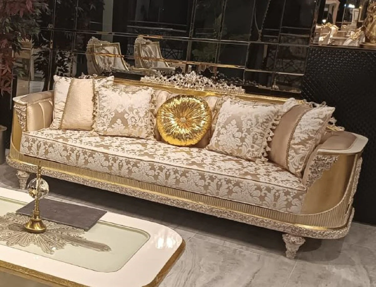 Luxury Baroque Living Room Set Gold / White - 2 Baroque Sofas & 2 Baroque Armchairs & 1 Baroque Coffee Table - Luxury Living Room Furniture in Baroque Style - Noble & Magnificent