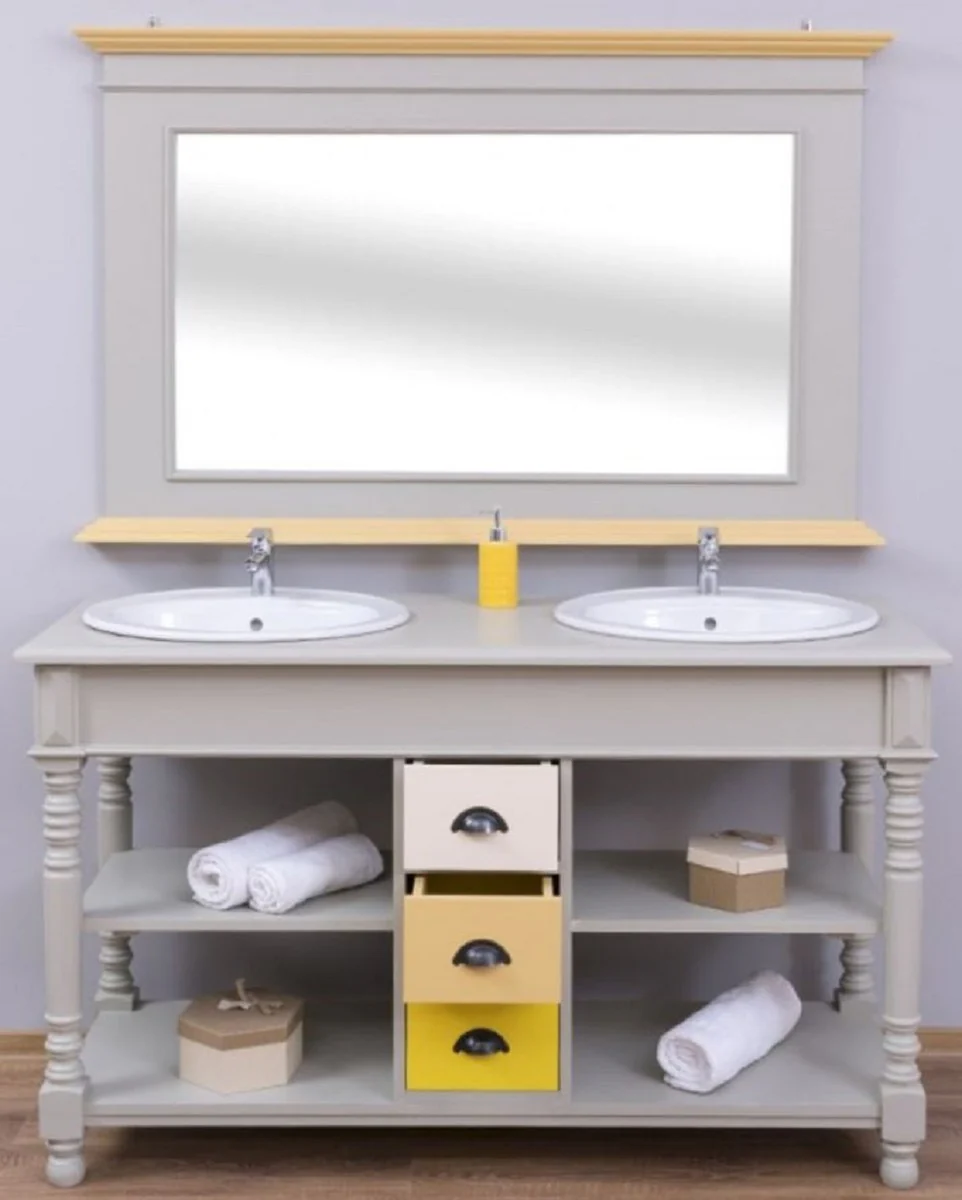 Country house style bathroom set gray / natural / multicolored - 1 double washbasin & 1 wall mirror - solid wood bathroom furniture in country house style
