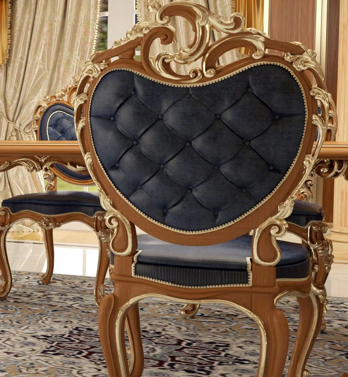 Luxury Baroque Dining Room Chair Set Dark Blue / Brown / Gold 57 x 62 x H. 105 cm - Magnificent Kitchen Chairs Set of 4 - Hotel Restaurant Castle Furniture - Luxury Quality - Made in Italy