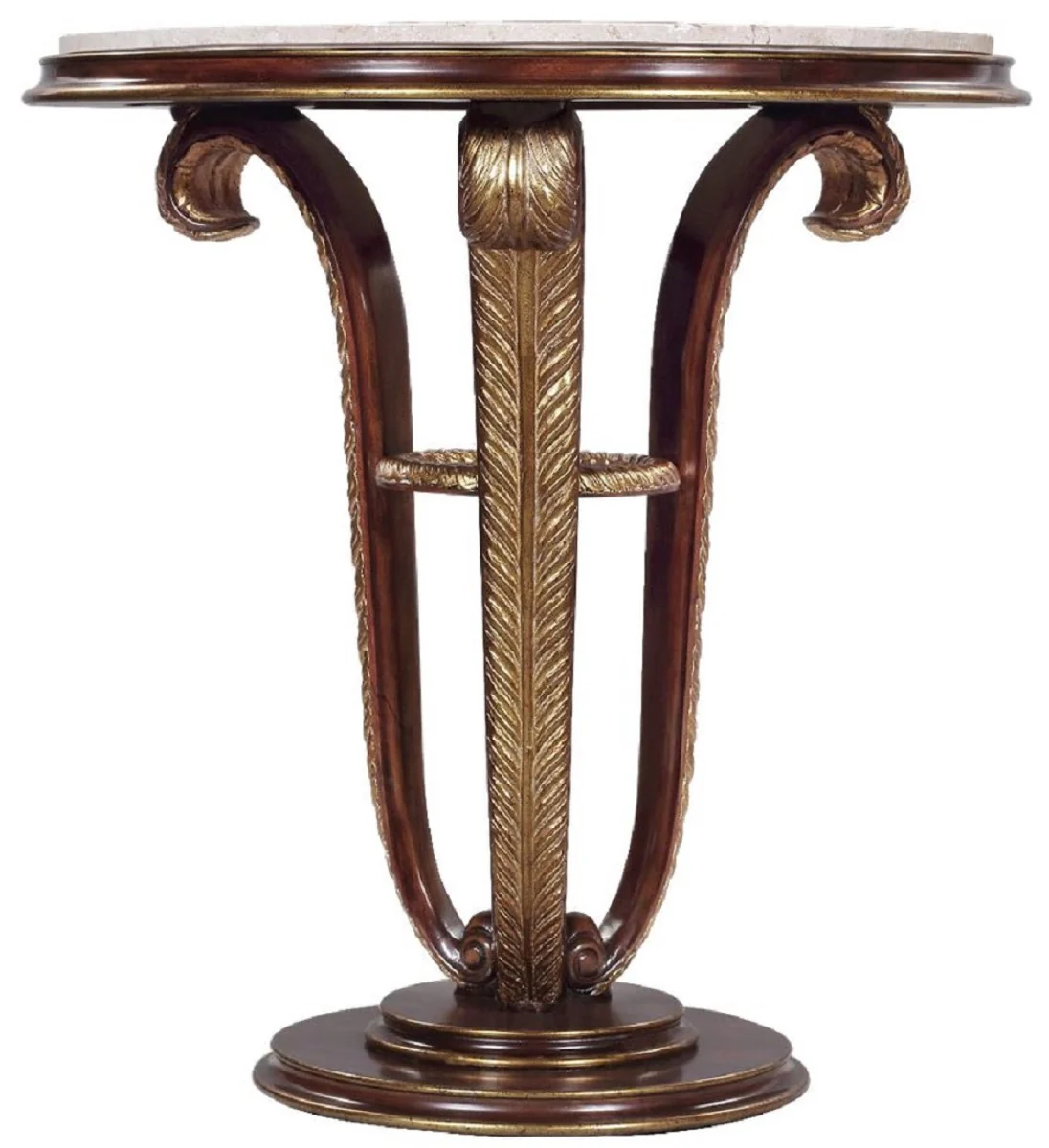 Luxury Baroque side table brown / gold / cream Ø 69 x H. 73 cm - Round mahogany table with marble top and decorative hand-carved feathers - Baroque living room furniture