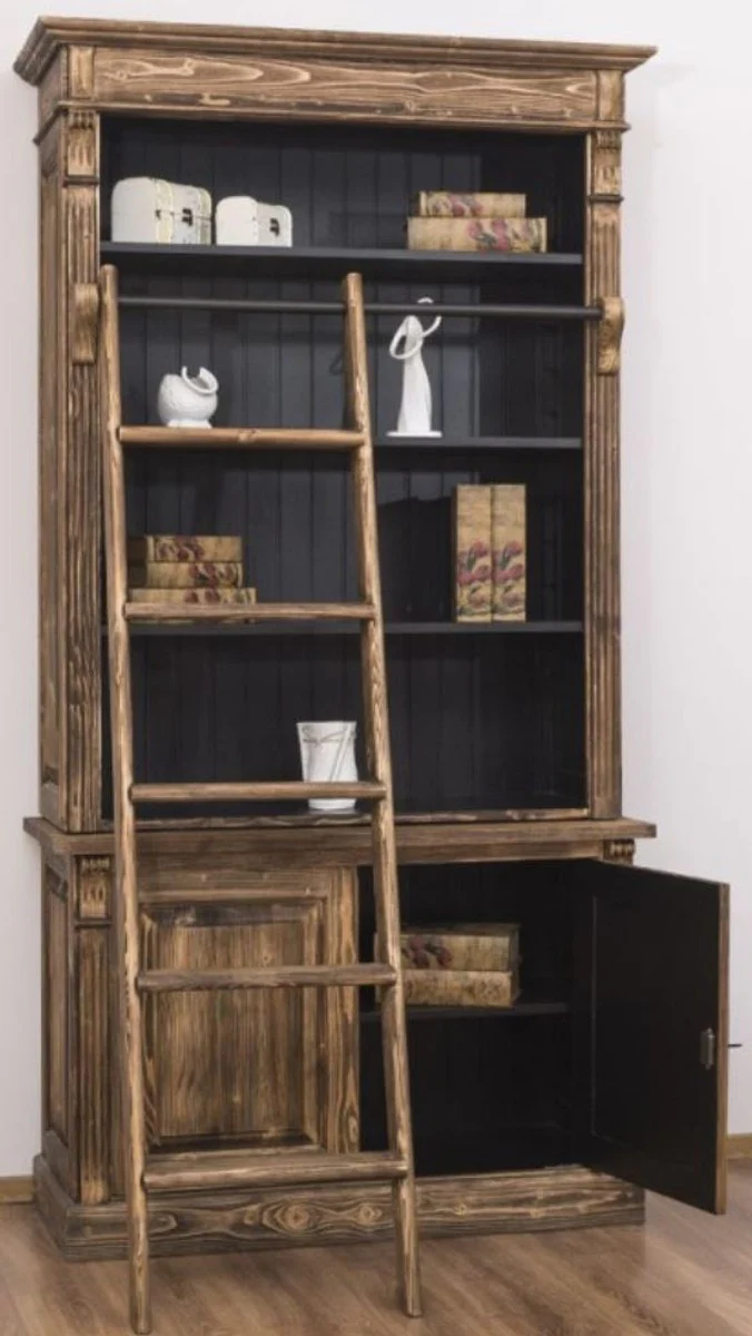 Country house style bookcase with ladder brown / black 120 x 51 x H. 228 cm - solid wood cabinet - shelf cabinet - living room cabinet - office cabinet - country house style furniture