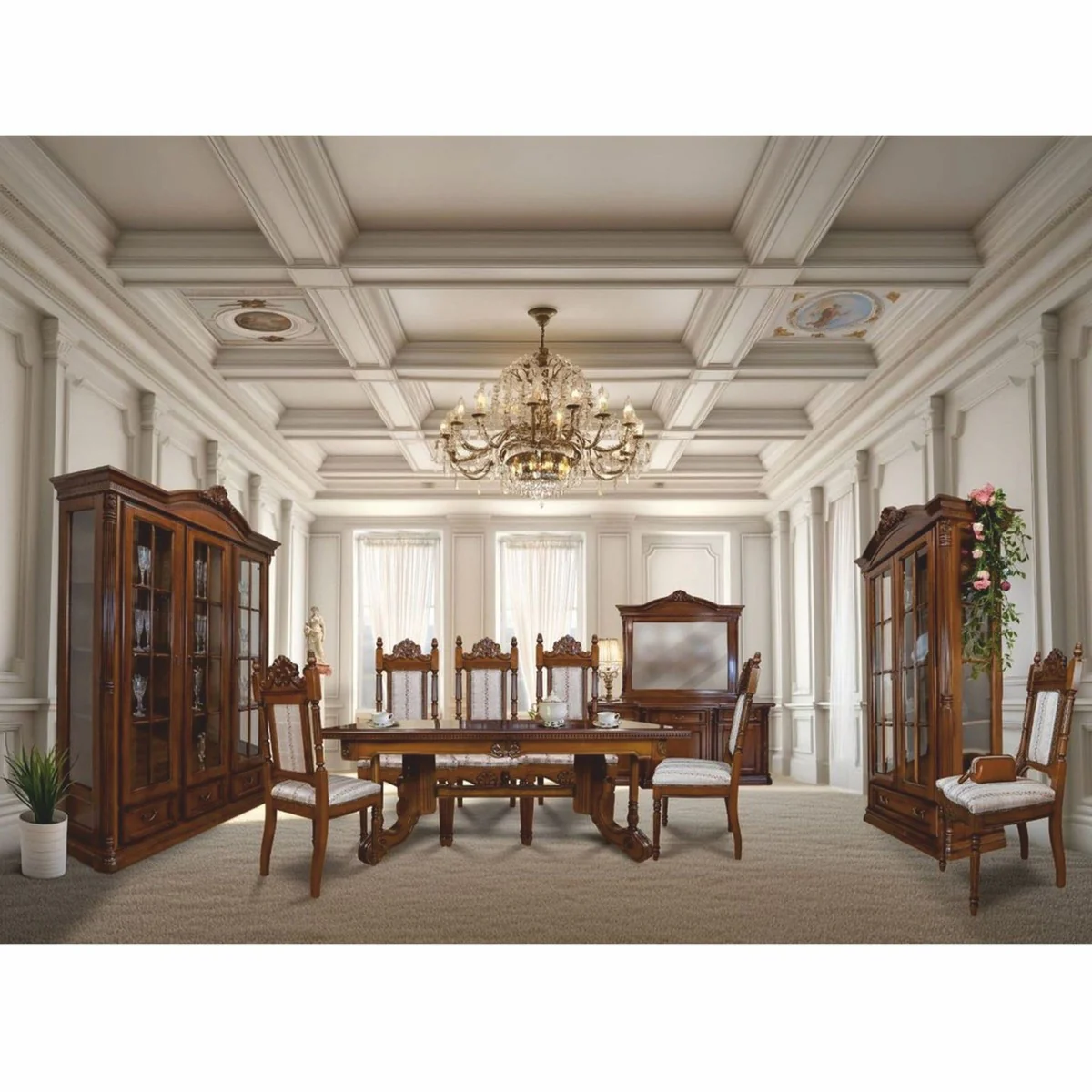 Luxury Baroque Dining Room Set Brown / Silver - 1 extendable dining table & 8 chairs