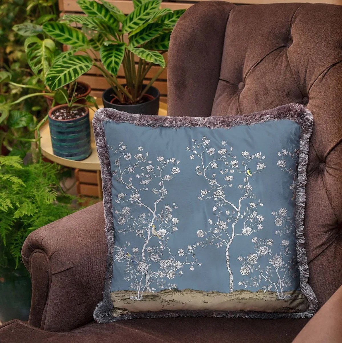 Luxury decorative cushion bushes with flowers & birds blue / multicolored / gray 45 x 45 cm - printed velvet cushion with fringes - luxury decorative accessories
