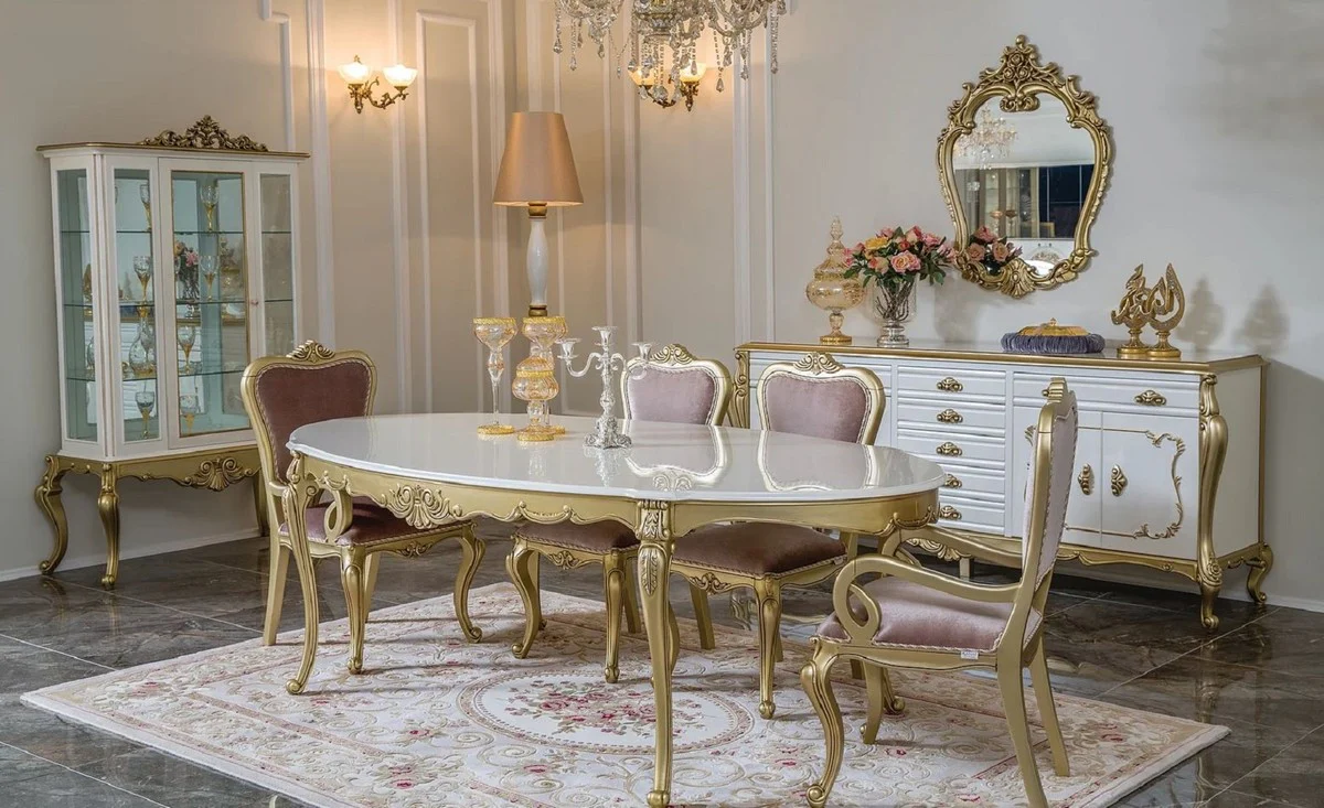 Luxury Baroque Dining Table White / Gold - Oval Solid Wood Dining Room Table - Magnificent Baroque Dining Room Furniture