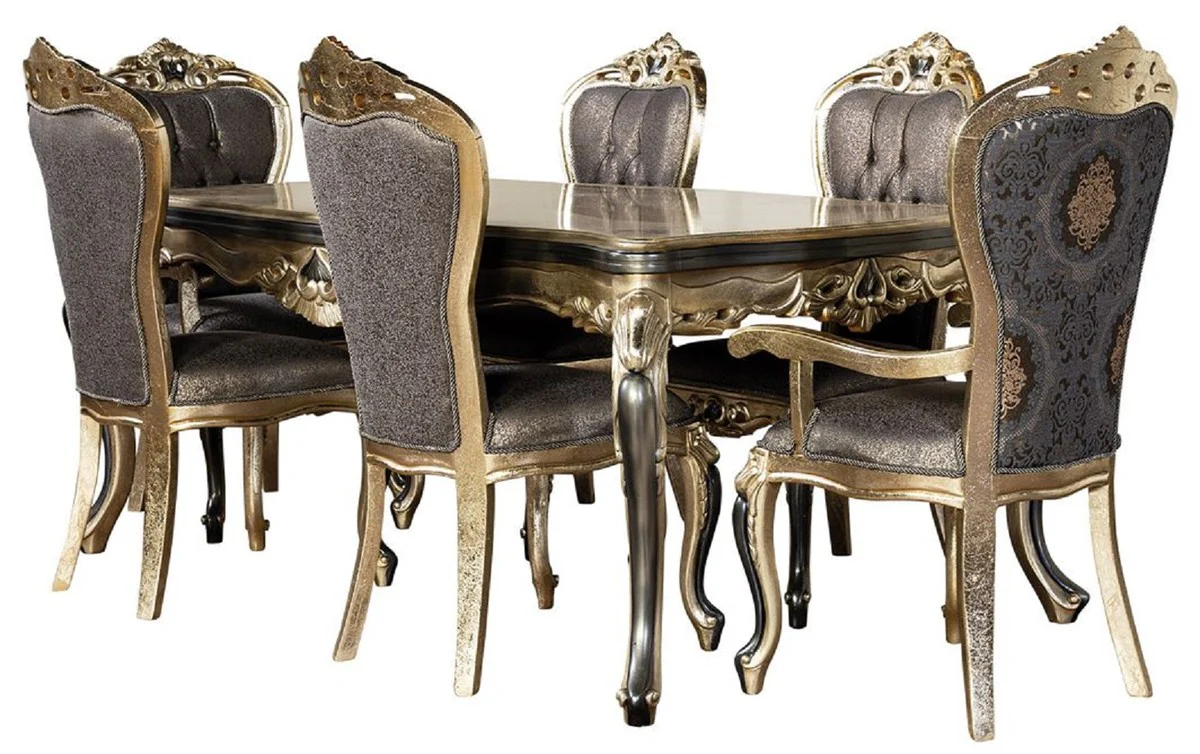 Luxury Baroque Dining Room Set Purple / Antique Gold / Black - 1 Baroque Dining Table & 6 Baroque Dining Room Chairs - Luxury Dining Room Furniture in Baroque Style - Magnificent Baroque Dining Room Furniture