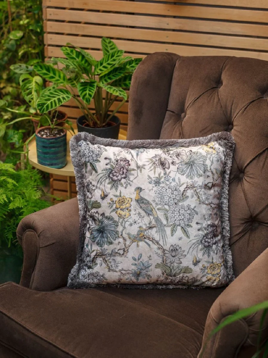 Luxury decorative cushion flowers & birds light beige / multicolored 45 x 45 cm - printed velvet cushion with fringes - luxury collection
