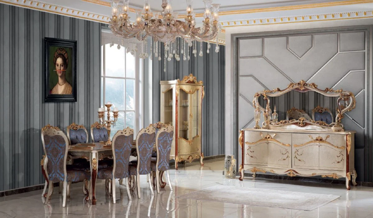 Luxury baroque dining room set blue / silver - 1 dining table & 8 dining chairs - Magnificent dining room furniture in the baroque style