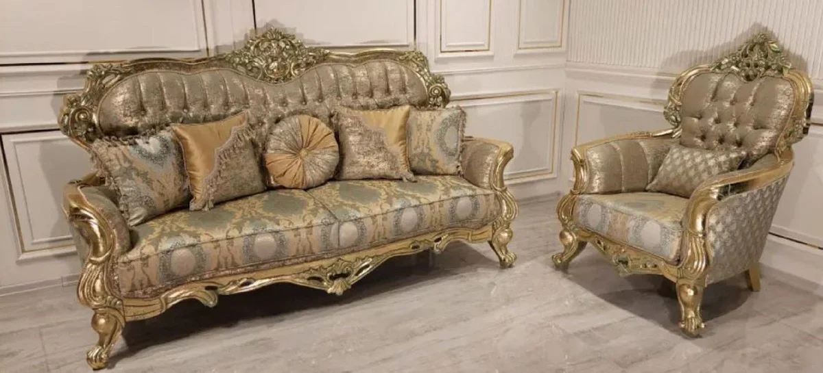 Luxury Baroque Sofa Gold / Green / Gold - Magnificent living room sofa with elegant pattern - Baroque living room furniture