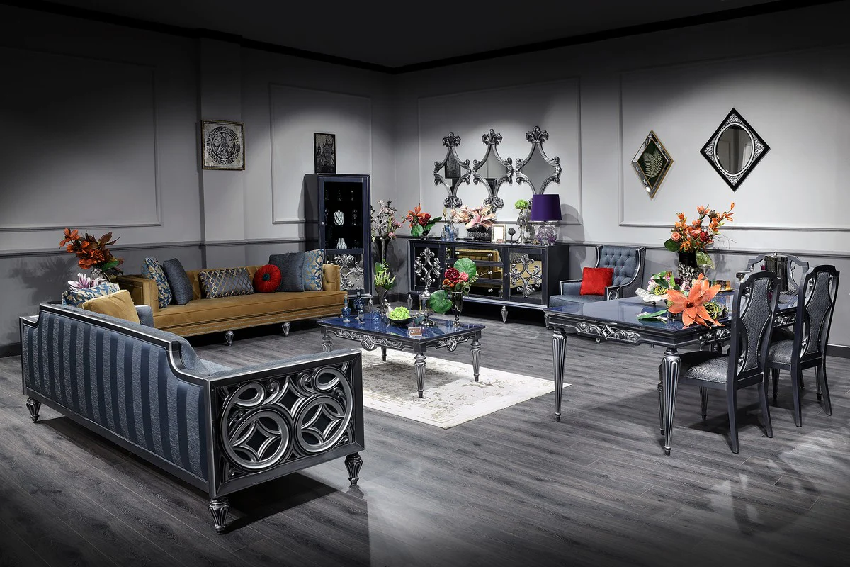 Luxury baroque coffee table blue / silver 143 x 94 x H. 44 cm - living room table in baroque style