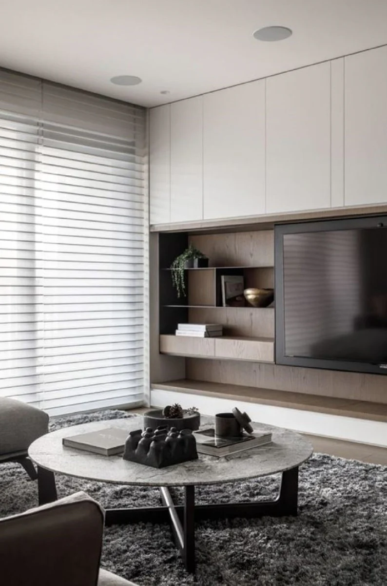 Luxury coffee table white / black Ø 120 x H. 35 cm - Round solid wood living room table with marble top - Luxury living room furniture