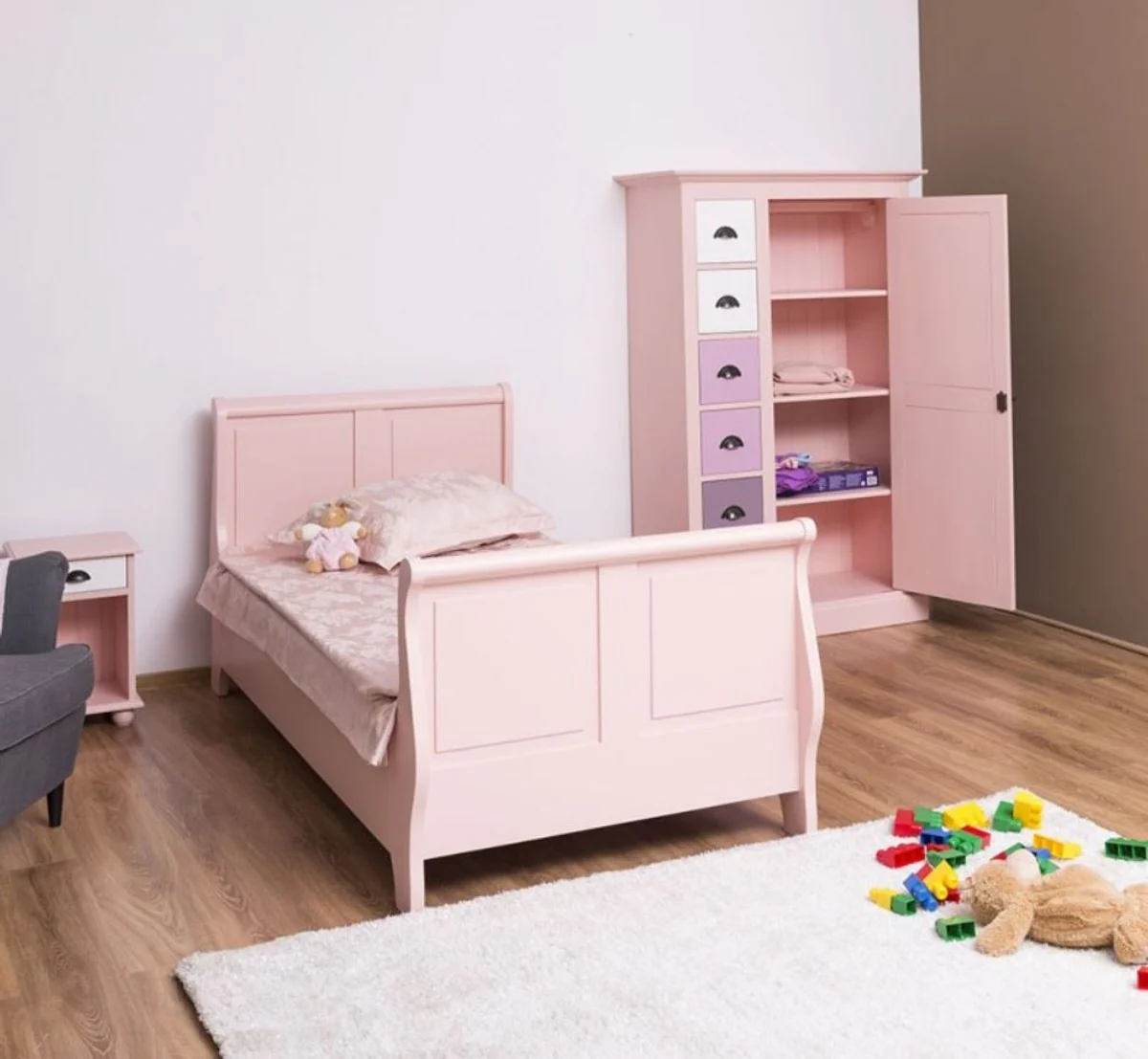 Country style solid wood children's room furniture set pink / white / purple - 1 single bed & 1 wardrobe & 1 bedside table - country style furniture
