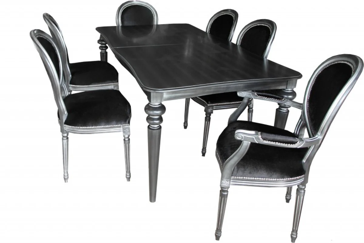 Design dining room set black/silver - extendable dining table + 6 chairs