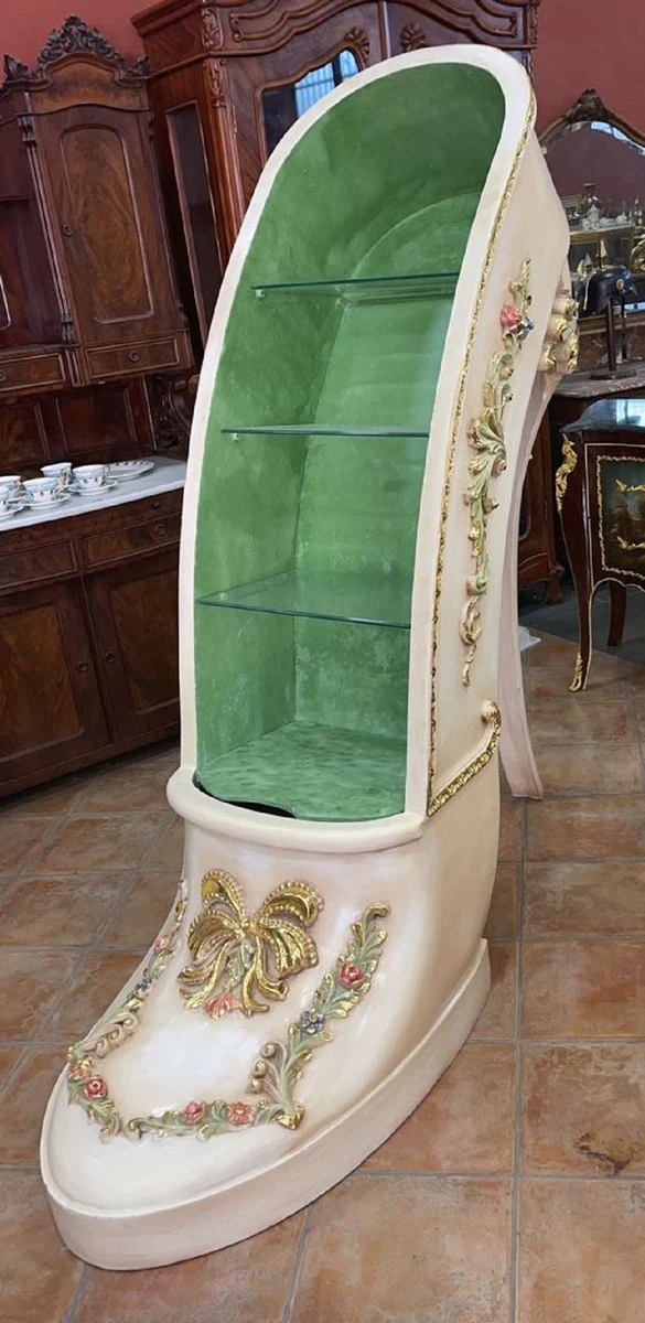 Luxury Baroque High Heel Display Cabinet Green / Cream / Gold - Handcrafted Solid Wood Women's Shoe Display Cabinet - Magnificent Baroque Furniture