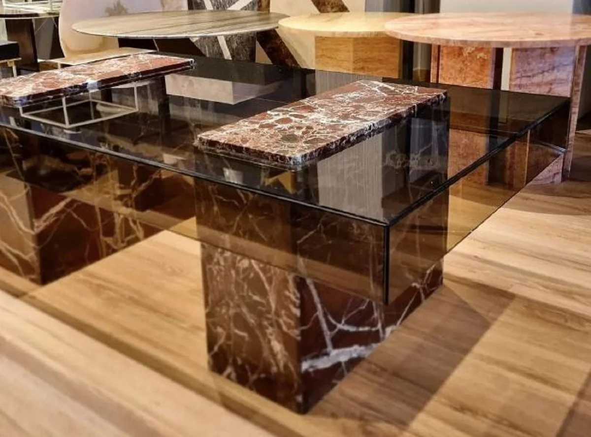 Luxury coffee table red 130 x 70 x H. 41 cm - Rectangular marble living room table with glass top - Living room furniture - Luxury furniture - Marble furniture - Luxury furnishings