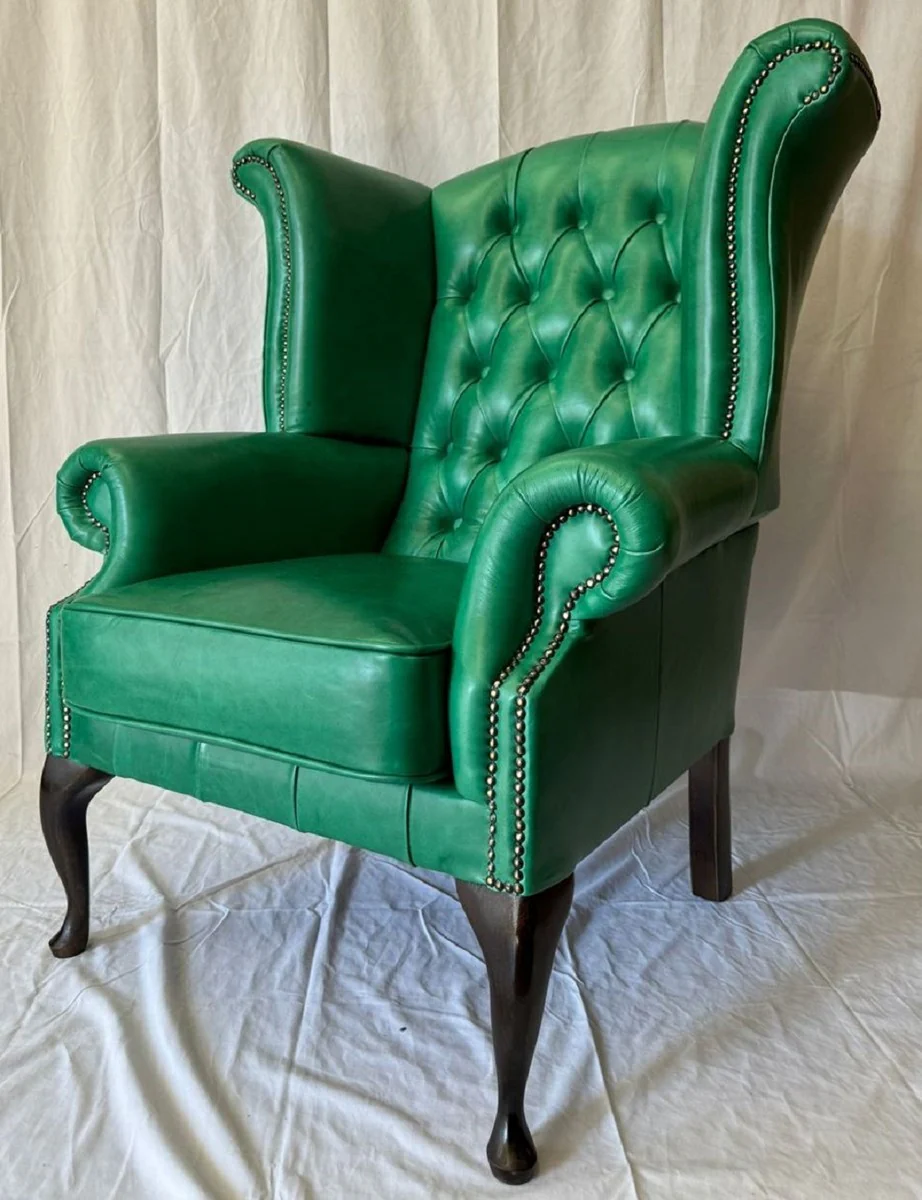 Luxury Chesterfield genuine leather wing chair green / dark brown H. 110 cm