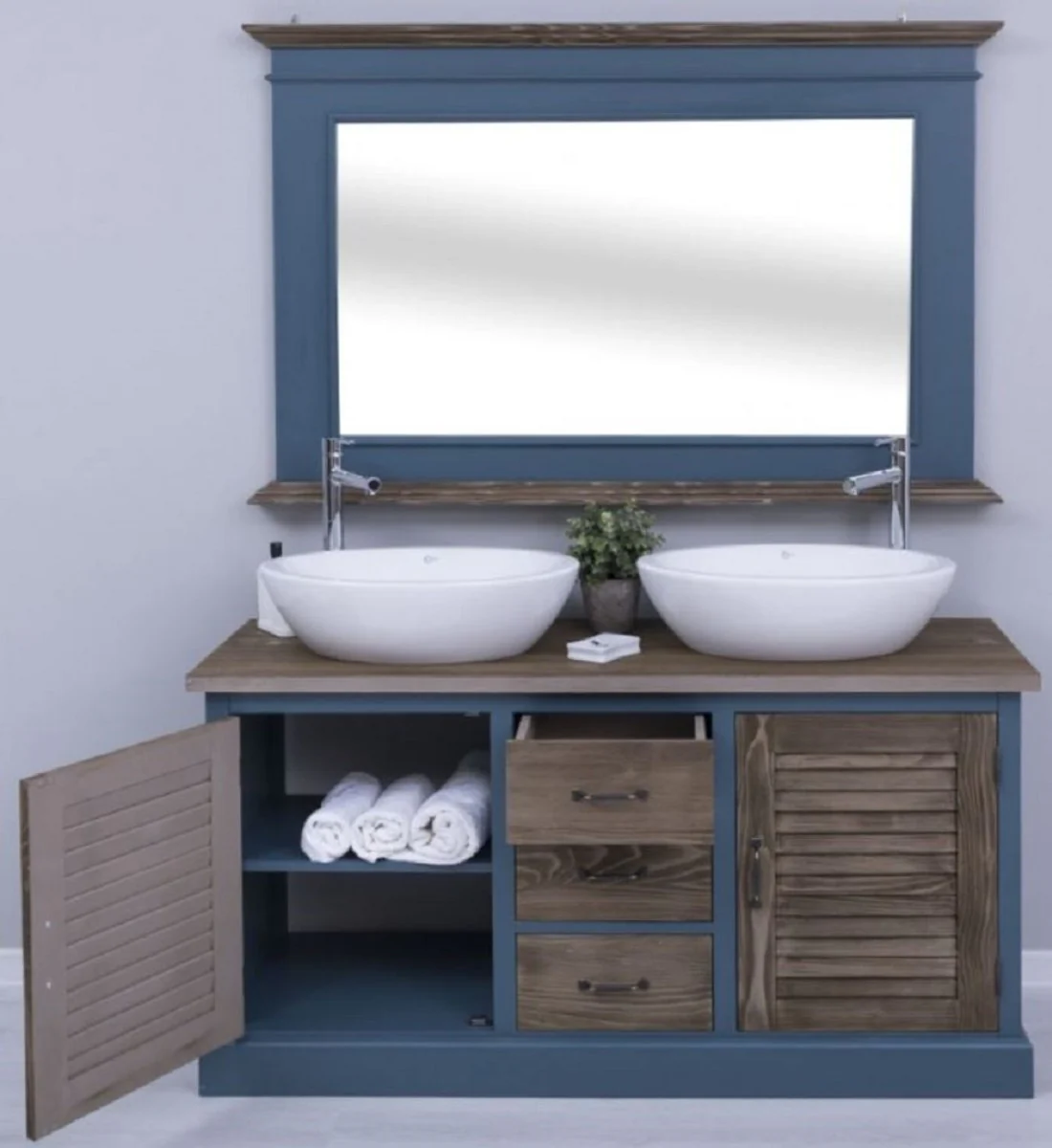 Country house style bathroom set blue / dark brown - 1 double washbasin & 2 sinks & 2 taps & 1 wall mirror - Solid wood bathroom furniture in country house style