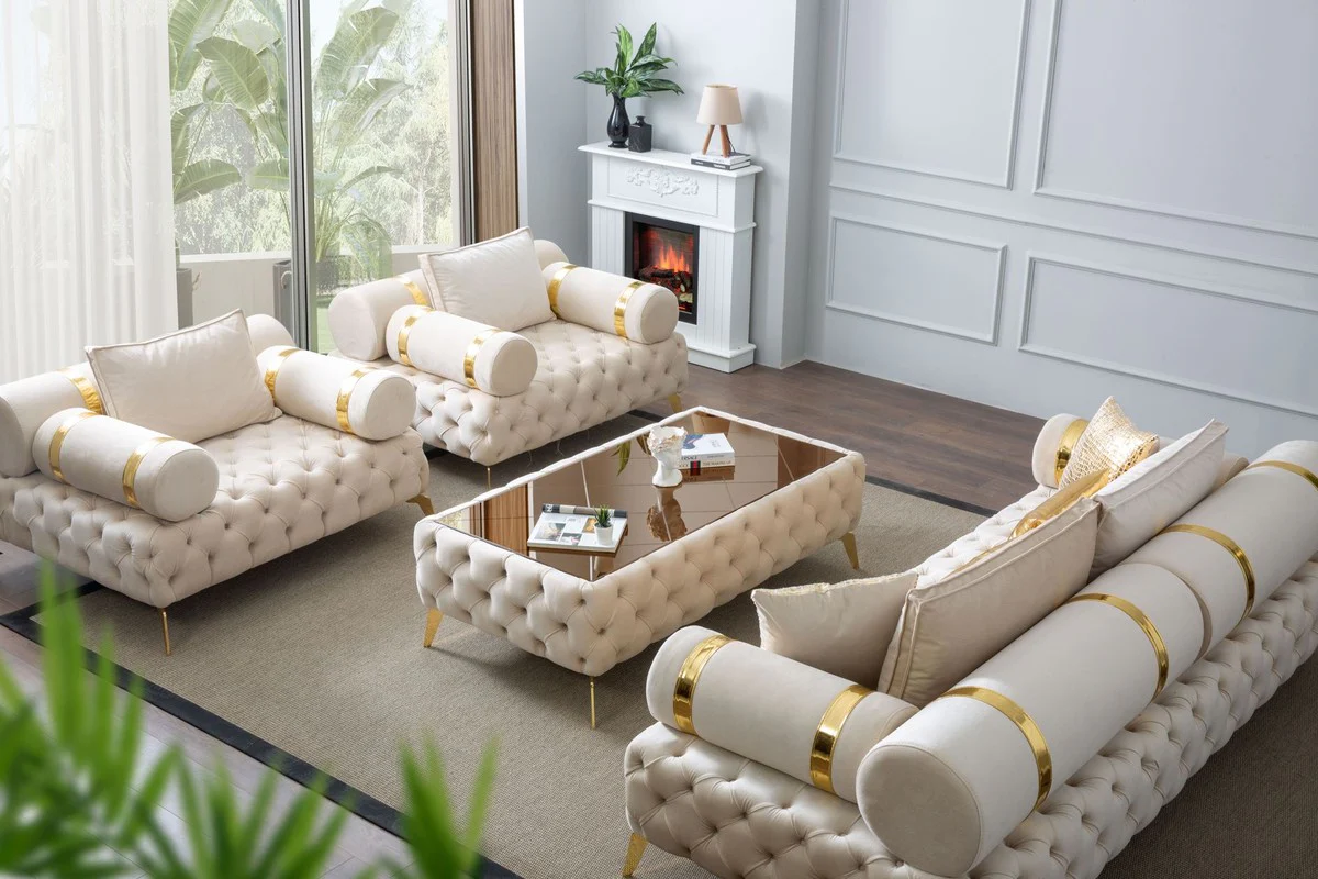 Luxury Chesterfield coffee table cream / gold / brown 140 x 80 x H. 45 cm - Living room table with glass top - Living room furniture - Chesterfield furniture - Luxury furniture - Luxury furnishings