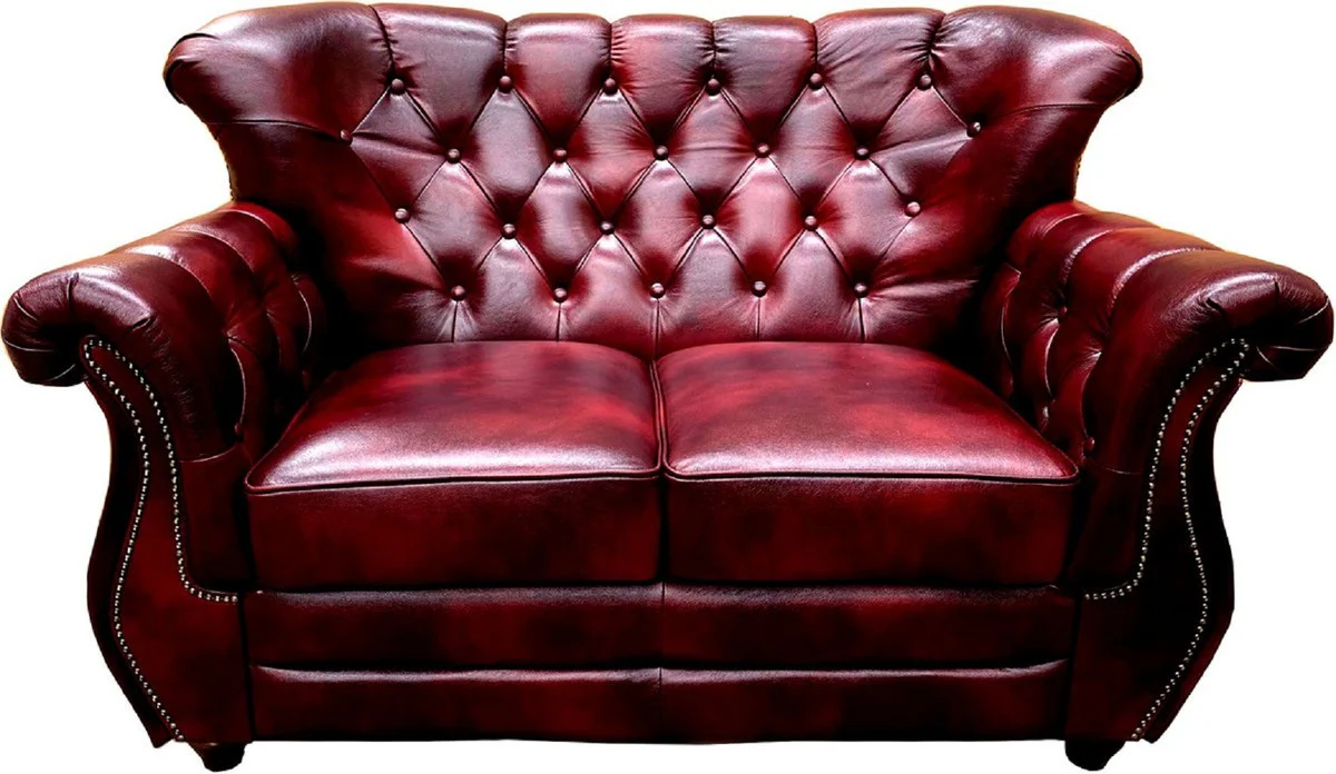 Luxury Chesterfield genuine leather living room set burgundy red / brown / silver - 2 leather sofas & 2 leather armchairs - living room furniture - Chesterfield furniture