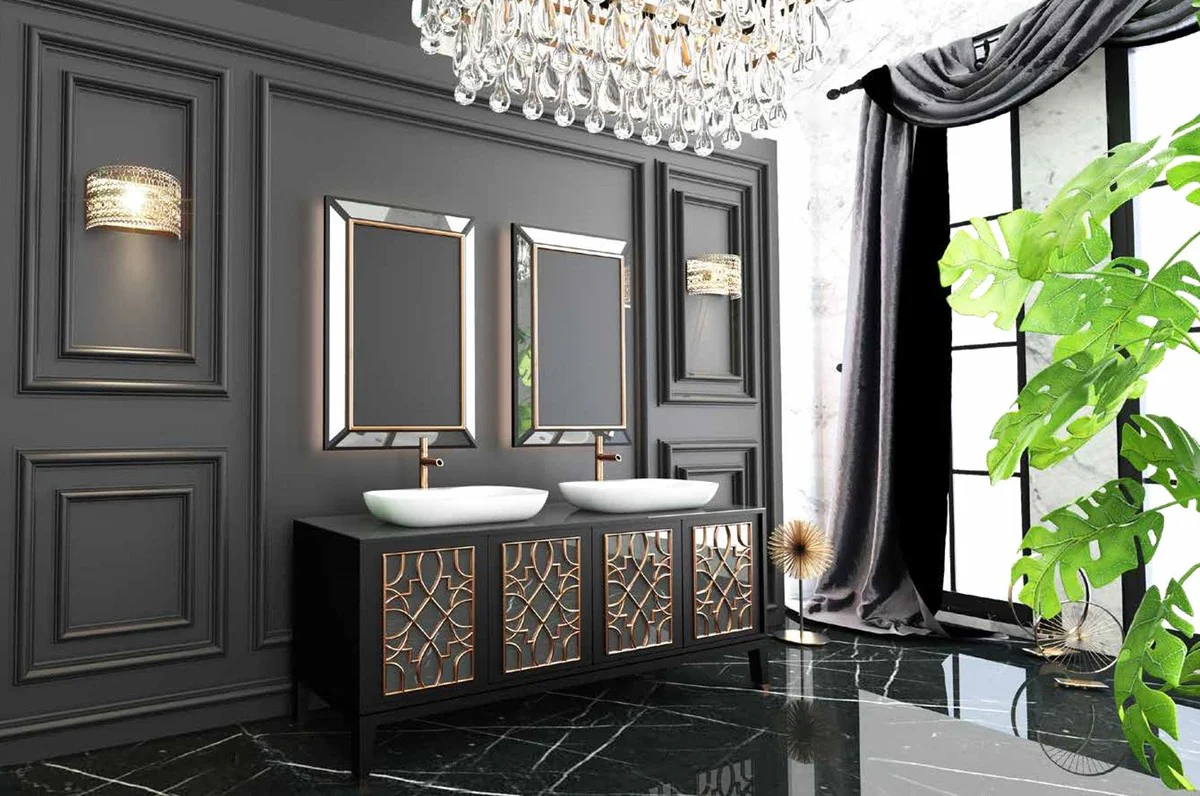 Luxury bathroom set black / gold / white - 1 vanity unit with 4 doors and 2 sinks and 2 wall mirrors