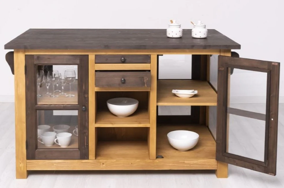 Country house style kitchen island brown / natural colors 150 x 90 x H. 90 cm - solid wood kitchen cabinet - country house style solid wood kitchen furniture - solid wood dining room furniture in country house style