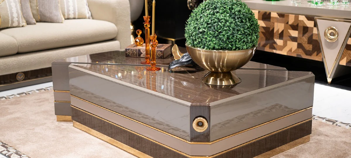Luxury coffee table set of 2 brown / gray / gold - luxury solid wood living room tables - living room furniture - luxury furniture