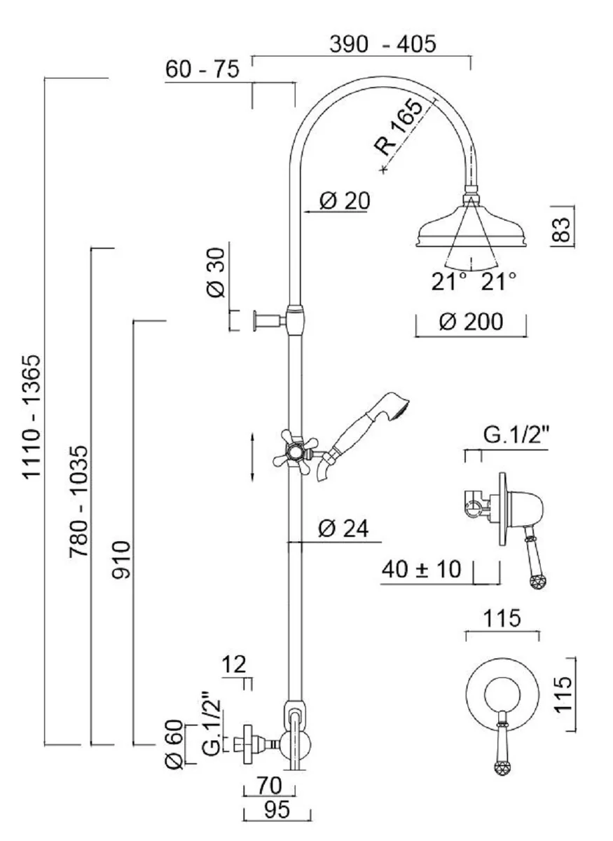 Luxury Art Nouveau shower fittings set with Swarovski crystal glass silver - single lever mixer with shower column and hand shower - retro bathroom shower set