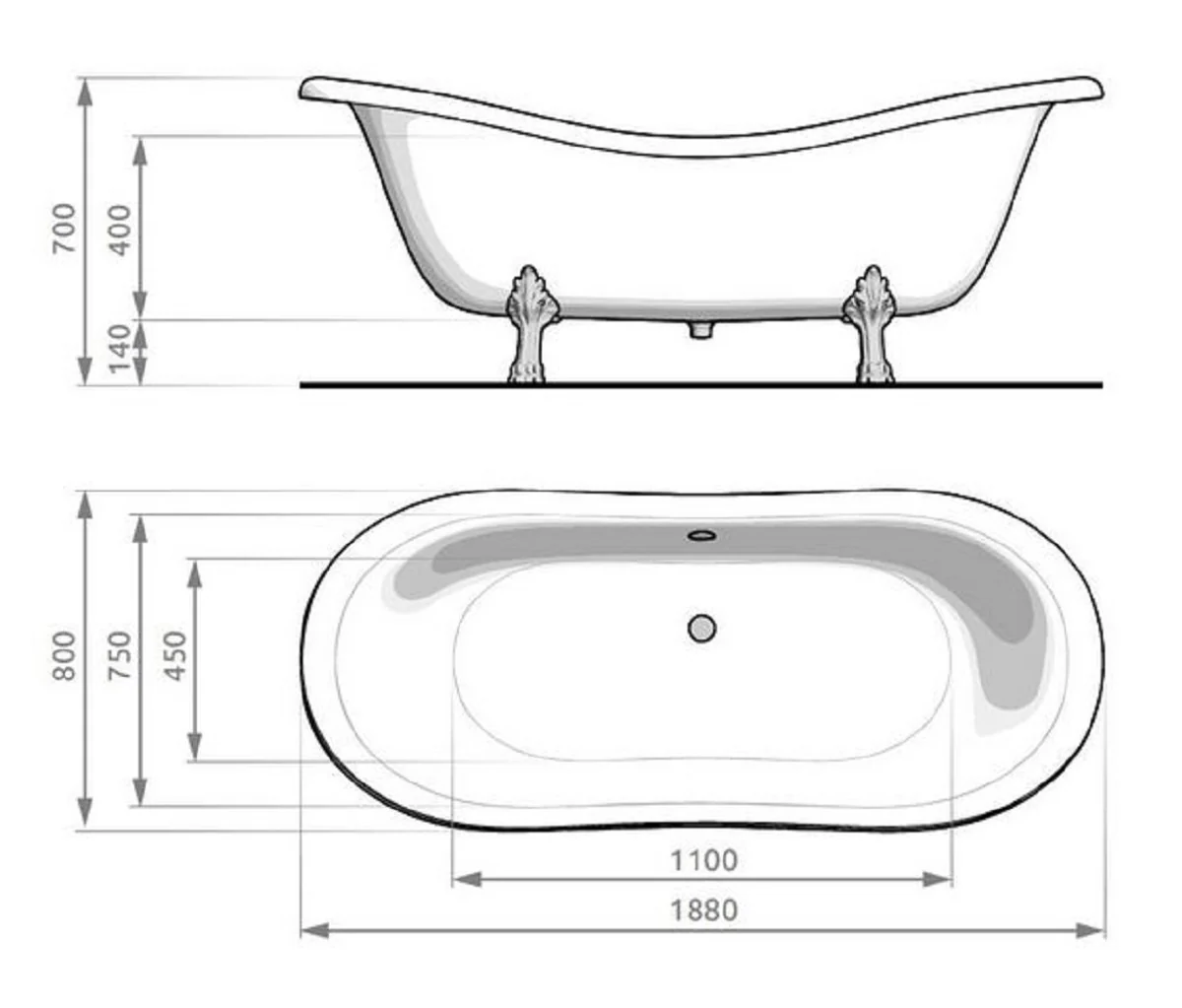 Art Nouveau bathtub gray / white / silver 188 cm - Freestanding retro style bathtub