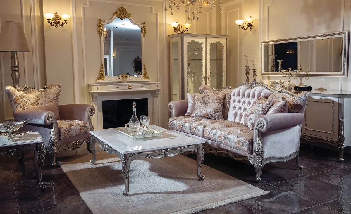 Luxury baroque coffee table white / silver 129 x 93 x H. 44 cm - Rectangular solid wood living room table in baroque style - Baroque living room furniture