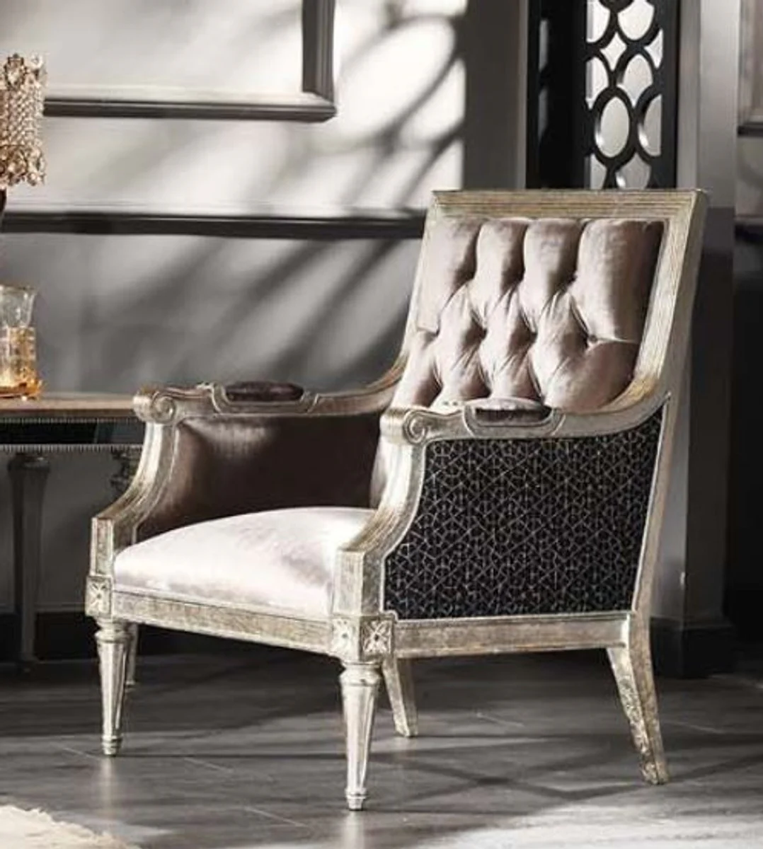 Luxury baroque velvet armchair pink / black / antique silver 73 x 73 x H. 110 cm - Baroque living room furniture