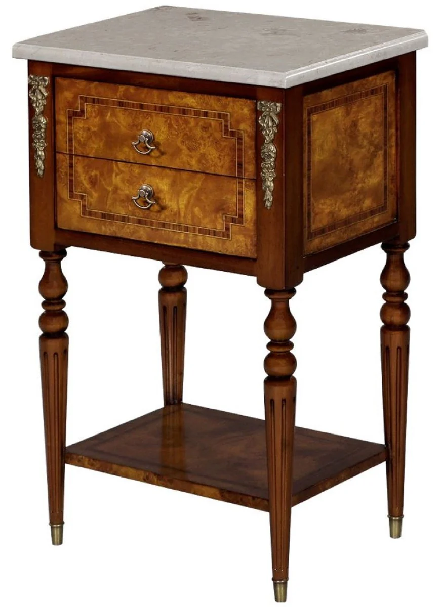 Luxury baroque side table light brown / brown / cream 42 x 31 x H. 68 cm - solid wood table with marble top - bedside table - night dresser - baroque furniture
