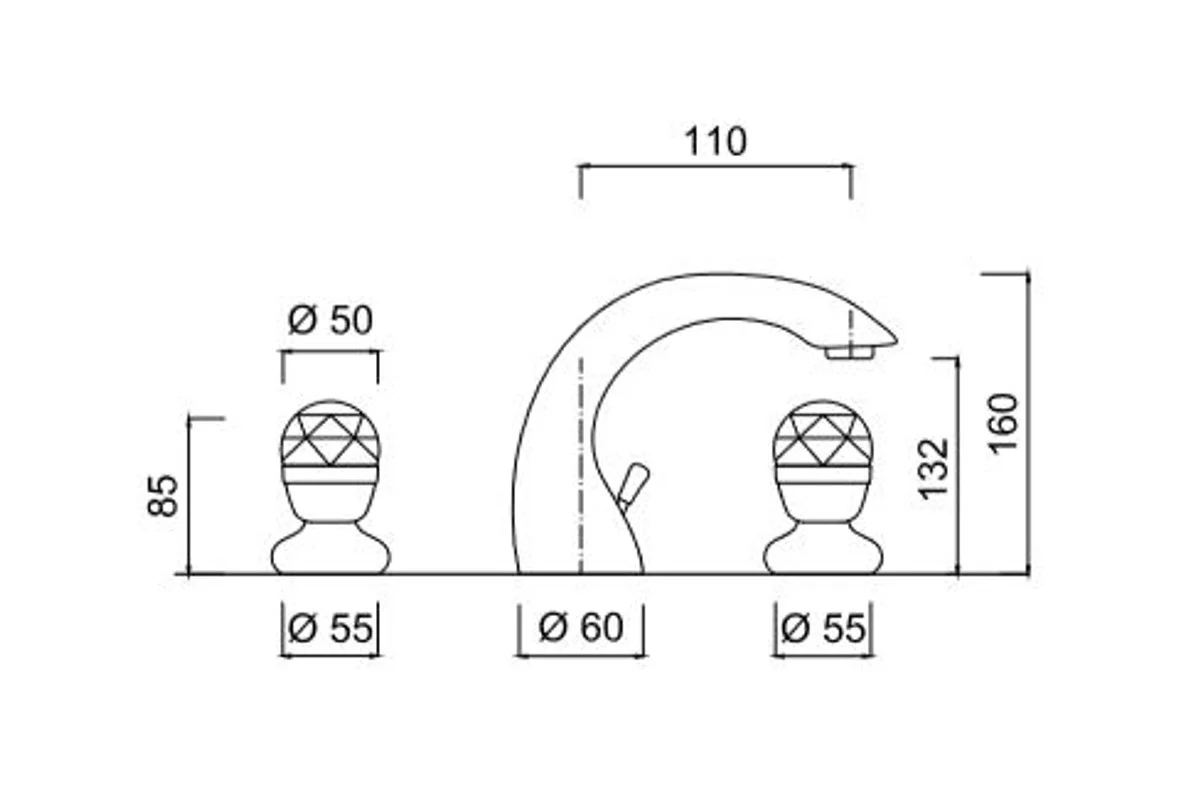 Luxury bathroom accessories - Art Nouveau retro washbasin tap three-hole mixer series Cristallo - Made in Italy