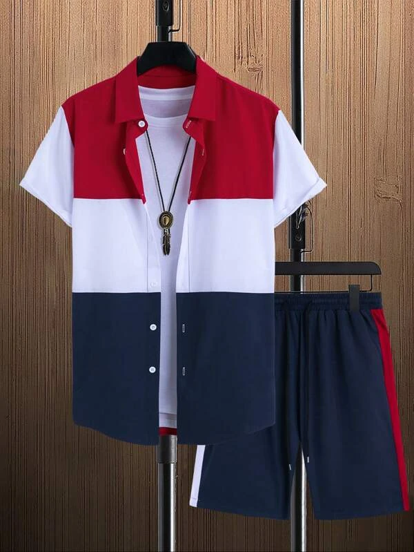 Suitmens Men's Hawaiian Print Short Sleeve Shirt Set 014