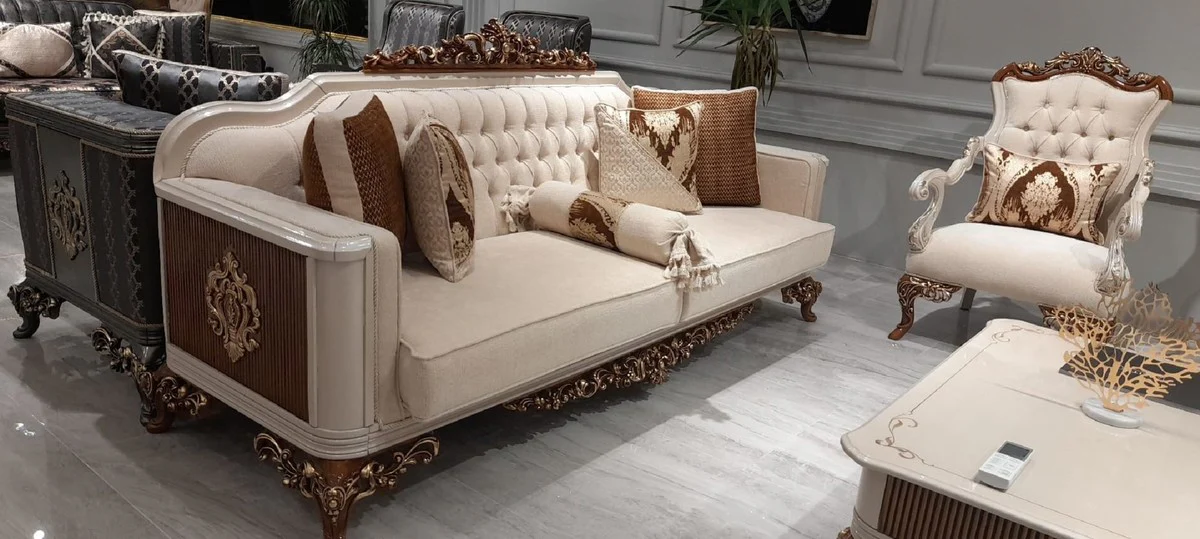 Luxury Baroque Sofa Beige / Gray / Brown / Gold - Magnificent Living Room Sofa - Baroque Living Room Furniture - Noble & Magnificent