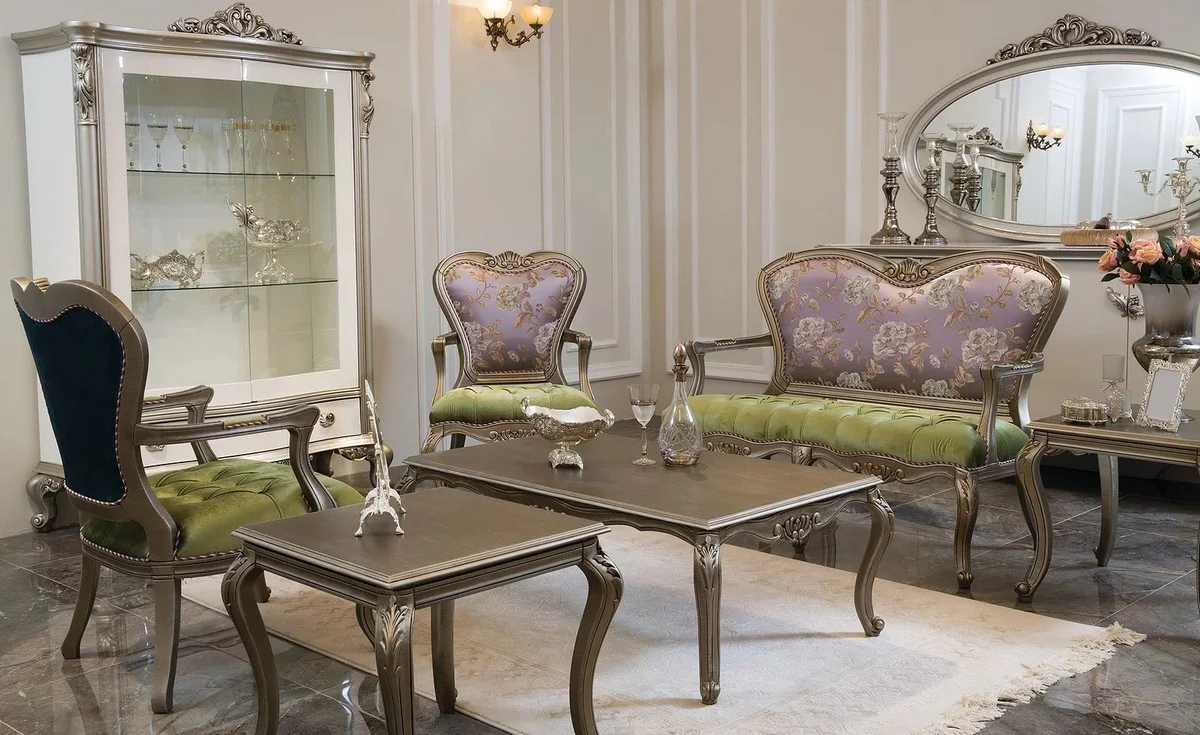 Luxury baroque coffee table silver 125 x 70 x H. 41 cm - solid wood living room table - noble baroque furniture